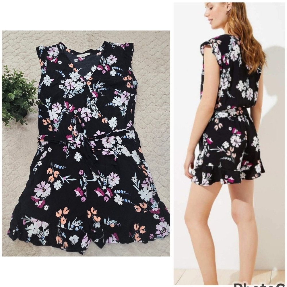 LOFT Black Floral Romper with Pink & Peach Accents
